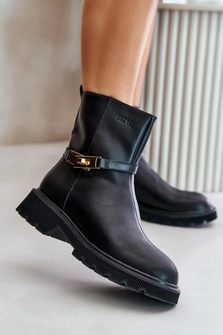 Skórzane Botki Damskie Z Paskiem Ocieplane GOE OO2N4150 Czarne