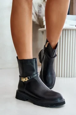Skórzane Botki Damskie Z Paskiem Ocieplane GOE OO2N4150 Czarne