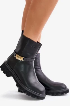 Skórzane Botki Damskie Z Paskiem Ocieplane GOE OO2N4150 Czarne