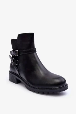 Skórzane Botki Damskie Z Paskami Czarne Minks