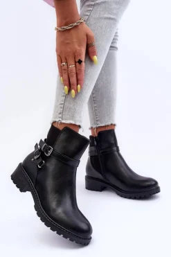 Skórzane Botki Damskie Z Paskami Czarne Minks