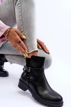 Skórzane Botki Damskie Z Paskami Czarne Minks