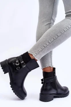Skórzane Botki Damskie Z Paskami Czarne Minks