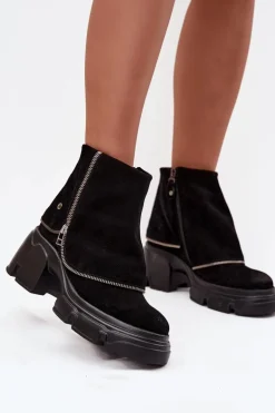Skórzane Botki Damskie Z Wywiniętą Cholewką Maciejka 07145-01 Czarne