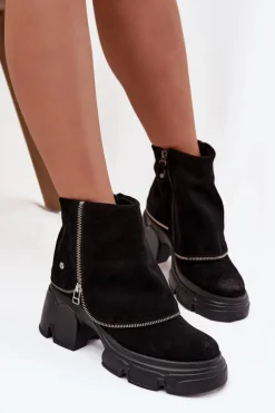 Skórzane Botki Damskie Z Wywiniętą Cholewką Maciejka 07145-01 Czarne