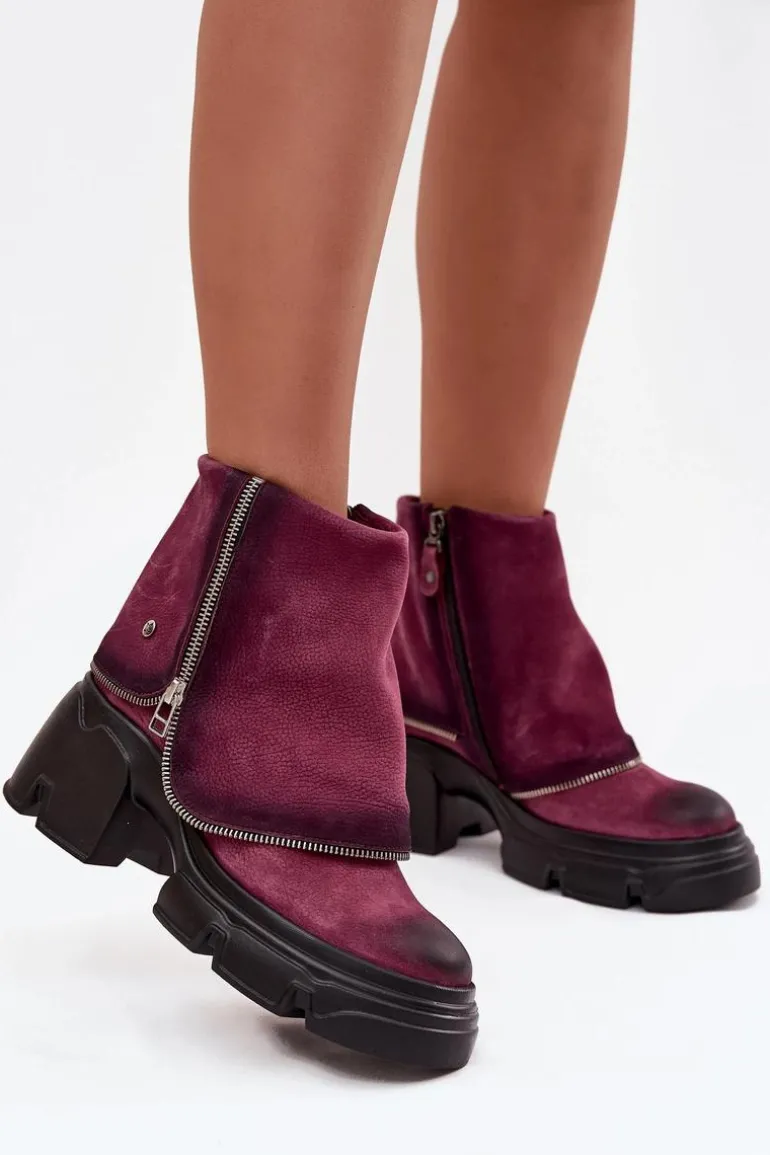 Skórzane Botki Damskie Z Wywiniętą Cholewką Maciejka 07145-23 Bordowe