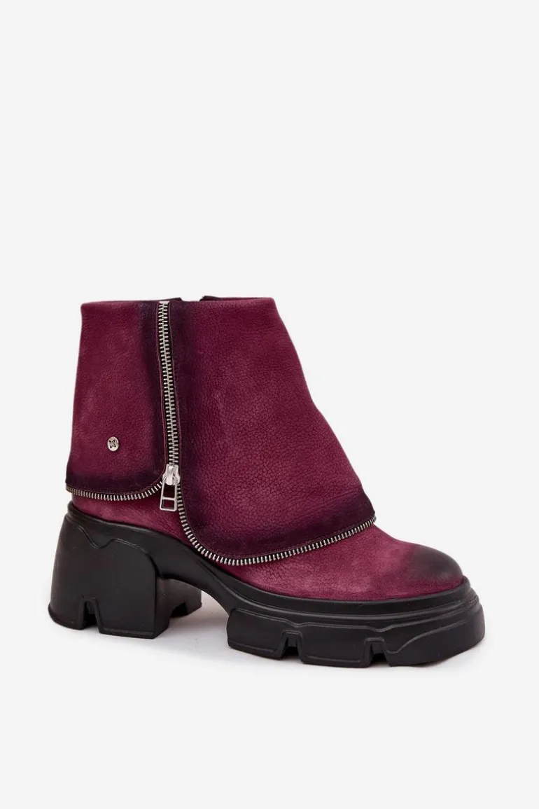 Skórzane Botki Damskie Z Wywiniętą Cholewką Maciejka 07145-23 Bordowe