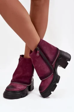 Skórzane Botki Damskie Z Wywiniętą Cholewką Maciejka 07145-23 Bordowe