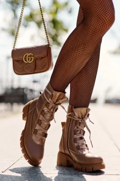 Skórzane Botki Damskie Z Wiązaniem Beżowe Doreli