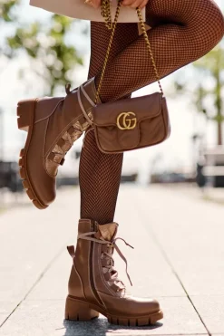 Skórzane Botki Damskie Z Wiązaniem Beżowe Doreli