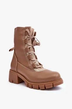 Skórzane Botki Damskie Z Wiązaniem Beżowe Doreli