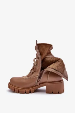 Skórzane Botki Damskie Z Wiązaniem Beżowe Doreli