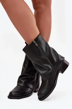 Skórzane Botki Damskie Z Wywiniętą Cholewką Na Klocku Maciejka K7213-01 Czarne