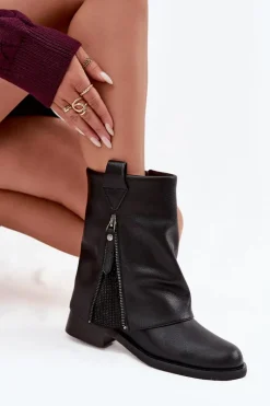 Skórzane Botki Damskie Z Wywiniętą Cholewką Na Klocku Maciejka K7213-01 Czarne
