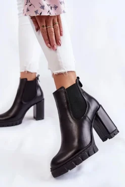 Skórzane Botki Gładkie Na Słupku Czarne Eldey