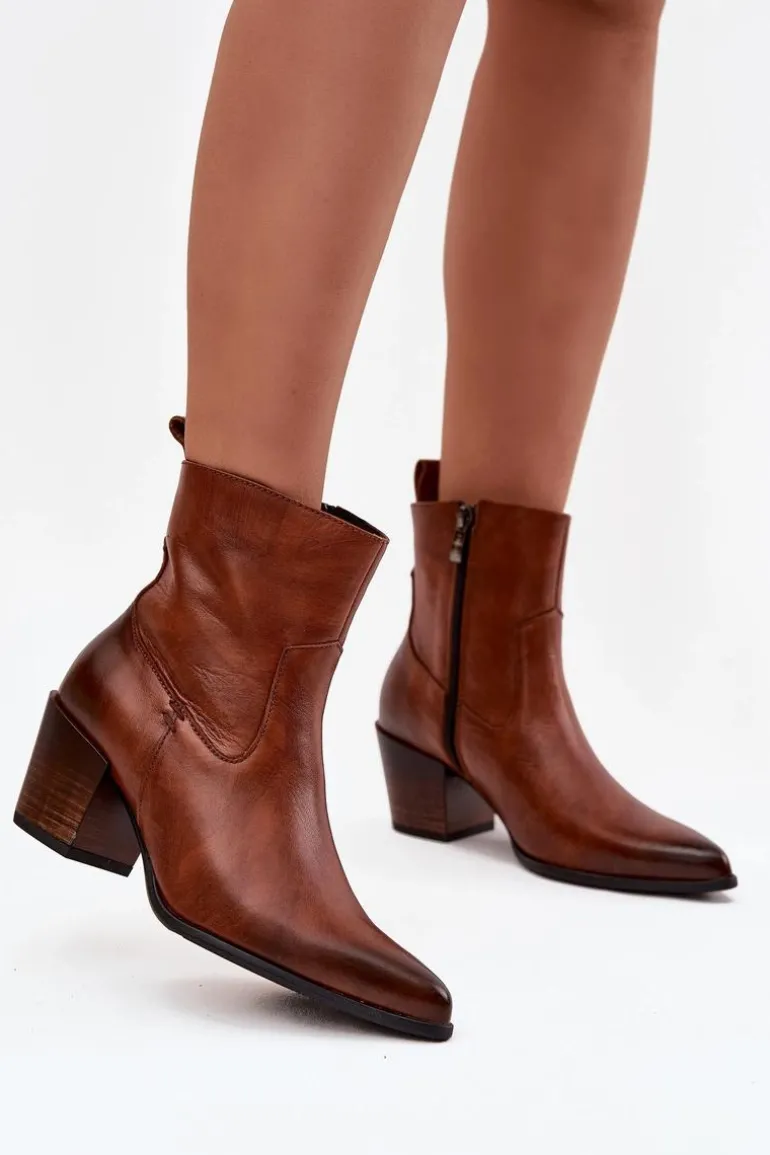 Skórzane Botki Kowbojki Damskie Na Słupku Ocieplane Zazoo 60565 Brązowe