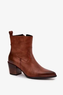 Skórzane Botki Kowbojki Damskie Na Słupku Ocieplane Zazoo 60565 Brązowe