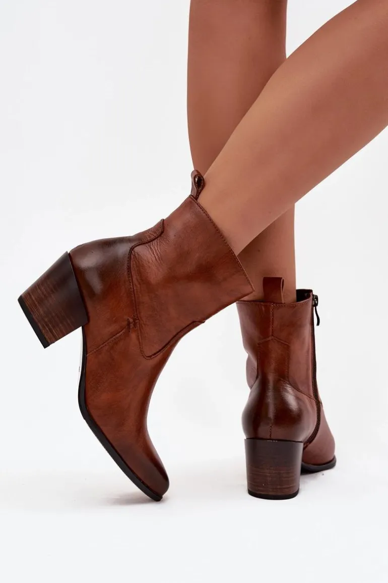 Skórzane Botki Kowbojki Damskie Na Słupku Ocieplane Zazoo 60565 Brązowe