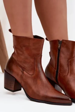 Skórzane Botki Kowbojki Damskie Na Słupku Ocieplane Zazoo 60565 Brązowe