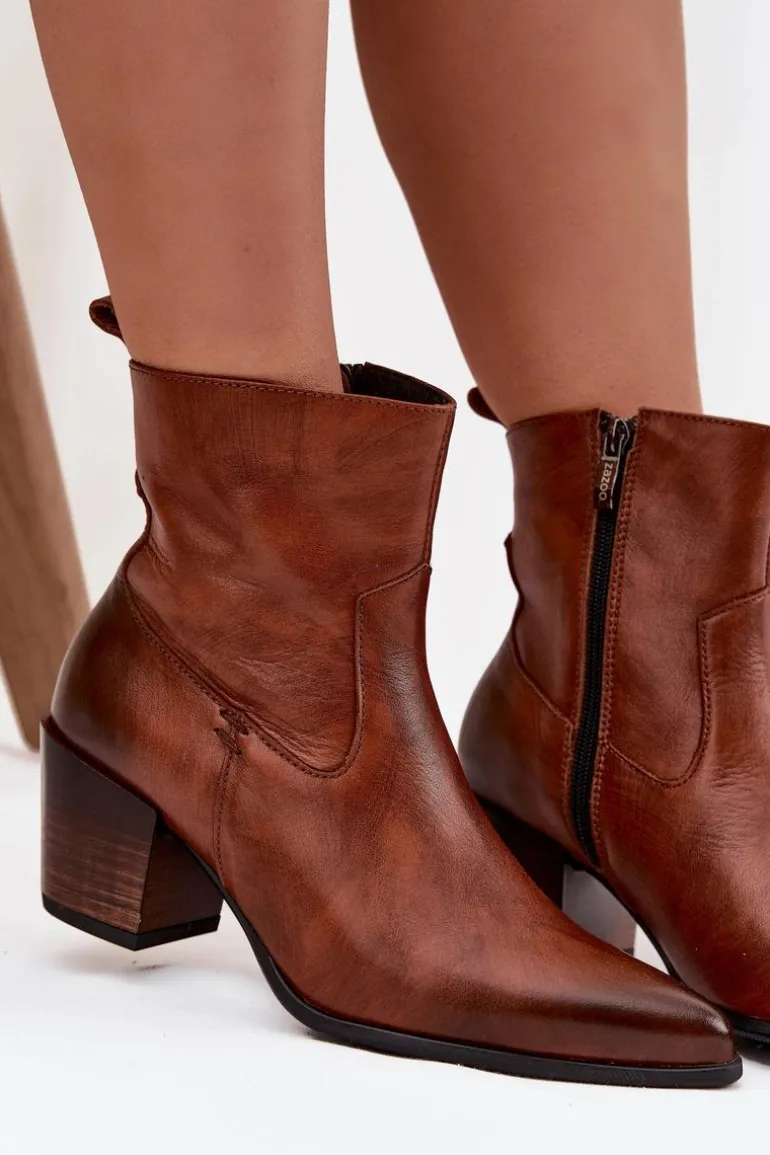 Skórzane Botki Kowbojki Damskie Na Słupku Ocieplane Zazoo 60565 Brązowe