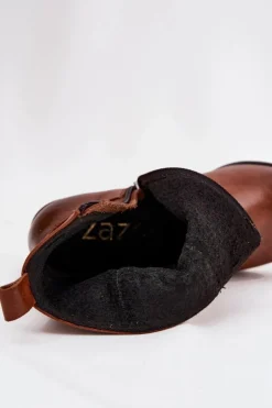 Skórzane Botki Kowbojki Damskie Na Słupku Ocieplane Zazoo 60565 Brązowe