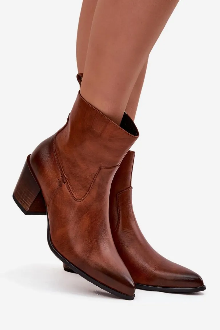 Skórzane Botki Kowbojki Damskie Na Słupku Ocieplane Zazoo 60565 Brązowe