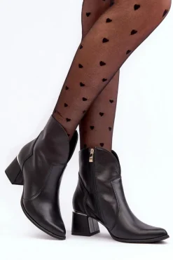 Skórzane Botki Kowbojki Damskie Na Obcasie Czarne Lewski 3166/B/2