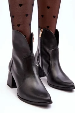 Skórzane Botki Kowbojki Damskie Na Obcasie Czarne Lewski 3166/B/2