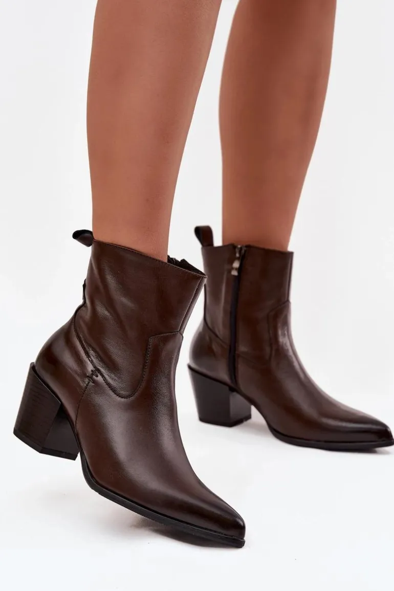 Skórzane Botki Kowbojki Damskie Na Słupku Ocieplane Zazoo 60565 Czekoladowe