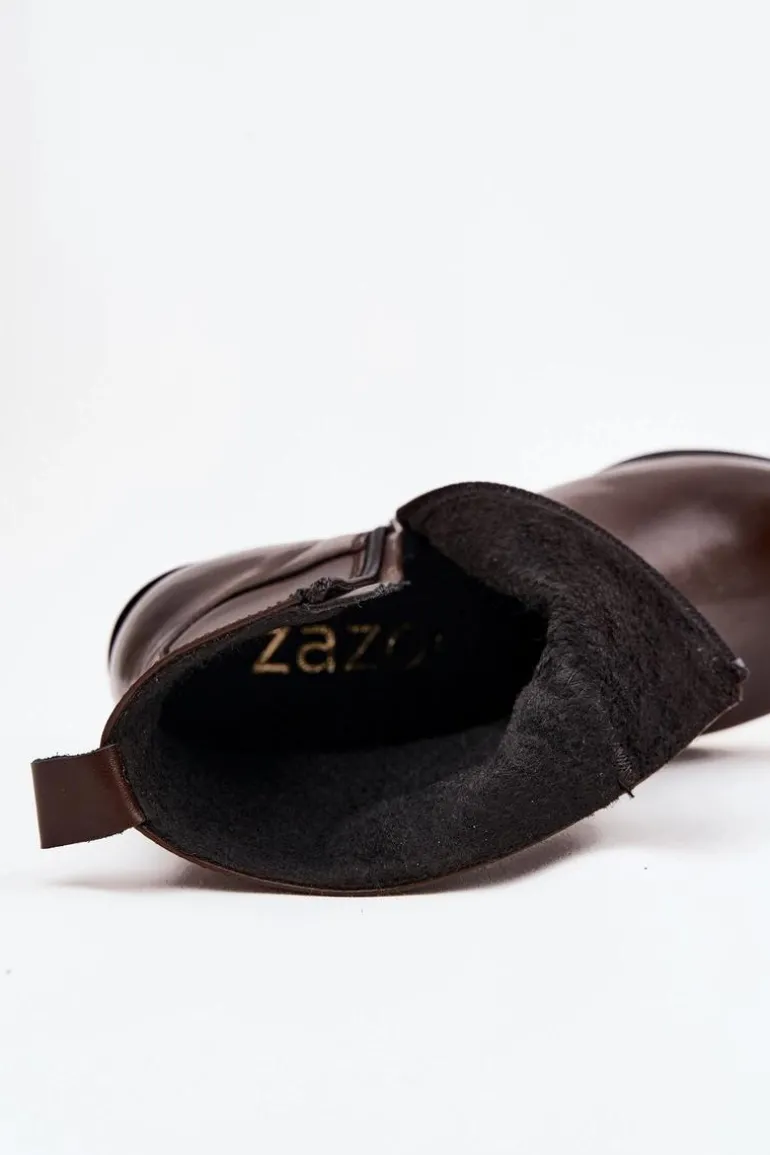 Skórzane Botki Kowbojki Damskie Na Słupku Ocieplane Zazoo 60565 Czekoladowe