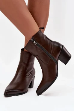 Skórzane Botki Kowbojki Damskie Na Słupku Ocieplane Zazoo 60565 Czekoladowe