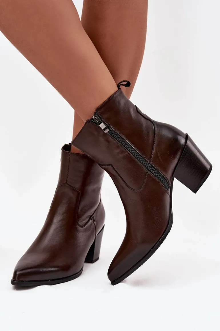 Skórzane Botki Kowbojki Damskie Na Słupku Ocieplane Zazoo 60565 Czekoladowe