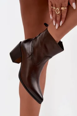 Skórzane Botki Kowbojki Damskie Na Słupku Ocieplane Zazoo 60565 Czekoladowe