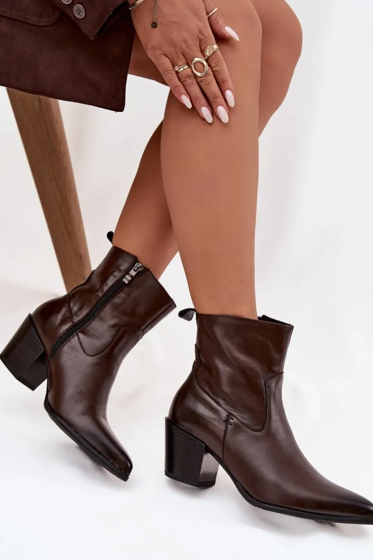 Skórzane Botki Kowbojki Damskie Na Słupku Ocieplane Zazoo 60565 Czekoladowe