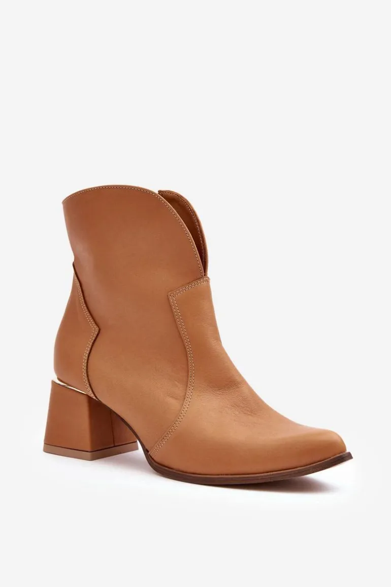 Skórzane Botki Kowbojki Damskie Na Obcasie Camel Lewski 3166/B/2