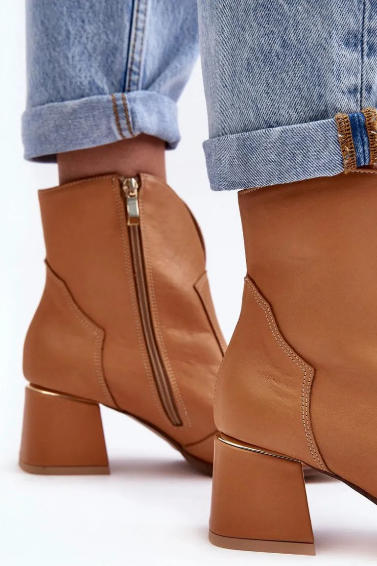 Skórzane Botki Kowbojki Damskie Na Obcasie Camel Lewski 3166/B/2