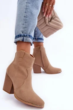 Skórzane Botki Kowbojki Na Obcasie Beżowe Lotoune