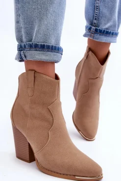 Skórzane Botki Kowbojki Na Obcasie Beżowe Lotoune