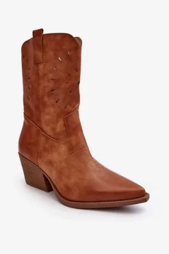 Skórzane Botki Kowbojki Na Niskim Obcasie Camel Ursuline