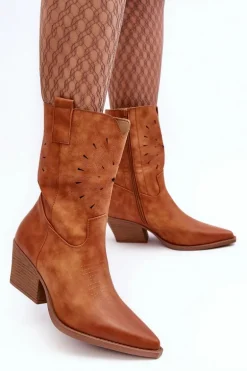 Skórzane Botki Kowbojki Na Niskim Obcasie Camel Ursuline