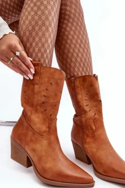 Skórzane Botki Kowbojki Na Niskim Obcasie Camel Ursuline