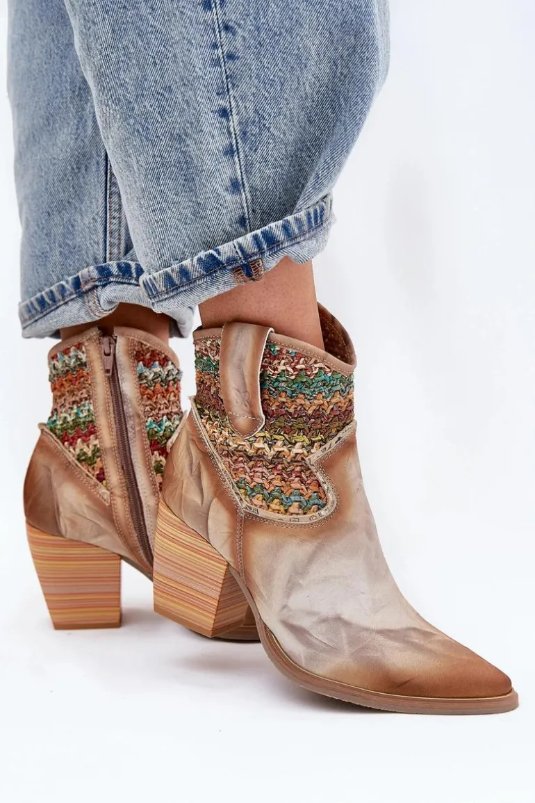 Skórzane Botki Kowbojki Na Słupku Z Ozdobną Plecionką Maciejka 06810-29 Multikolor