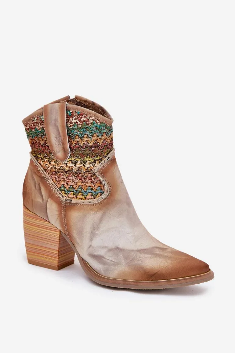 Skórzane Botki Kowbojki Na Słupku Z Ozdobną Plecionką Maciejka 06810-29 Multikolor