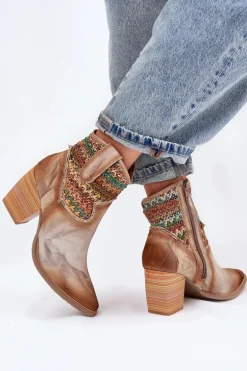 Skórzane Botki Kowbojki Na Słupku Z Ozdobną Plecionką Maciejka 06810-29 Multikolor