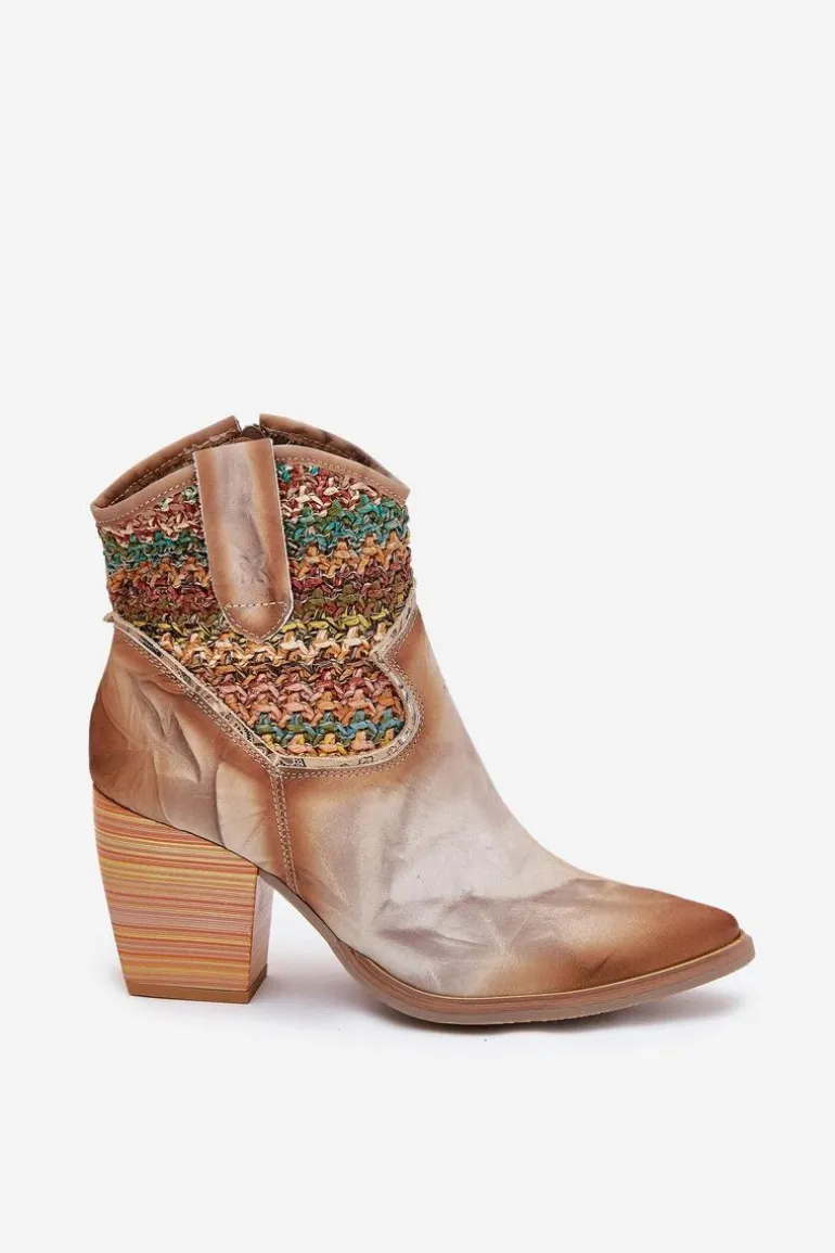 Skórzane Botki Kowbojki Na Słupku Z Ozdobną Plecionką Maciejka 06810-29 Multikolor