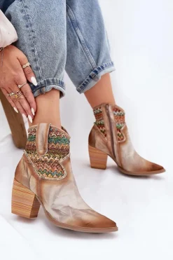 Skórzane Botki Kowbojki Na Słupku Z Ozdobną Plecionką Maciejka 06810-29 Multikolor