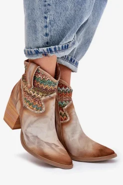 Skórzane Botki Kowbojki Na Słupku Z Ozdobną Plecionką Maciejka 06810-29 Multikolor