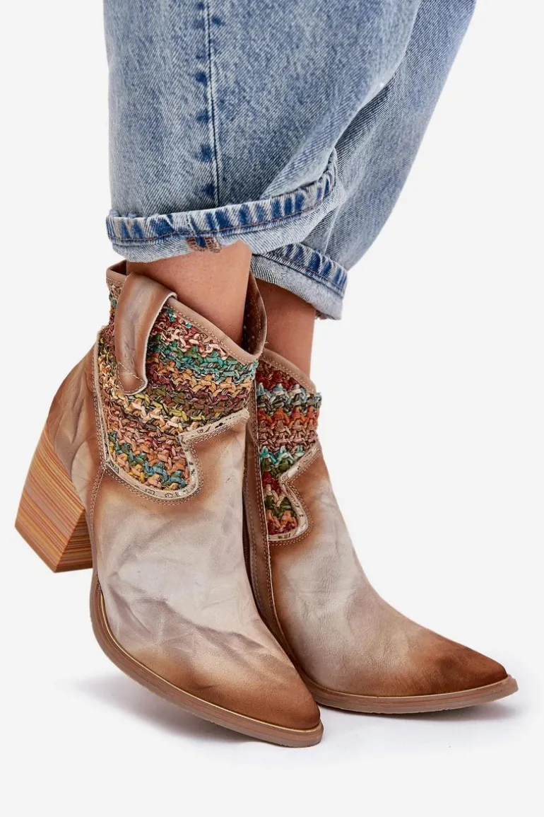 Skórzane Botki Kowbojki Na Słupku Z Ozdobną Plecionką Maciejka 06810-29 Multikolor