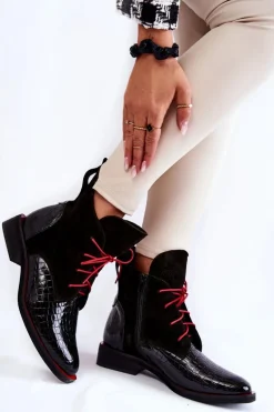 Skórzane Botki Krokodyli Wzór Czarno-Czerwone Cheyenne