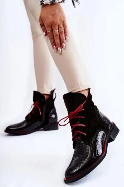 Skórzane Botki Krokodyli Wzór Czarno-Czerwone Cheyenne